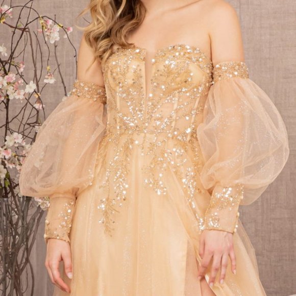 NEW OFF THE SHOULDER A-LINE EMBROIDERED SEQUINS DRESS WITH LACE UP BACK GL3118 - Picture 5 of 11